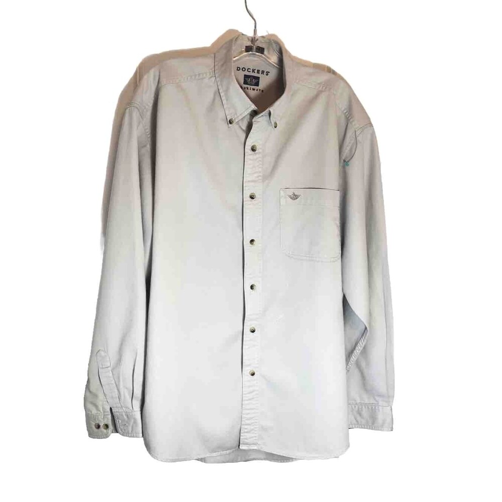 Mens Dockers Shirt Size Large Button Up Short Sleeve Khaki Beige Tan